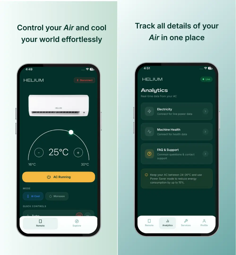 Helium app Remote and Analytics screens, side by side on two phones