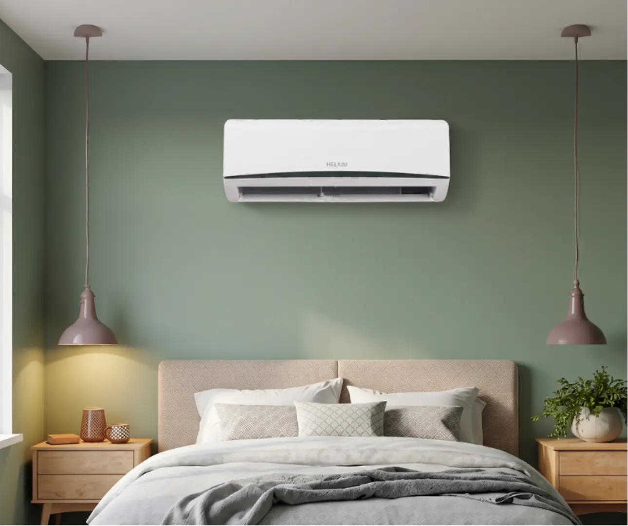 Helium Air indoor unit mounted above a bed in a bedroom